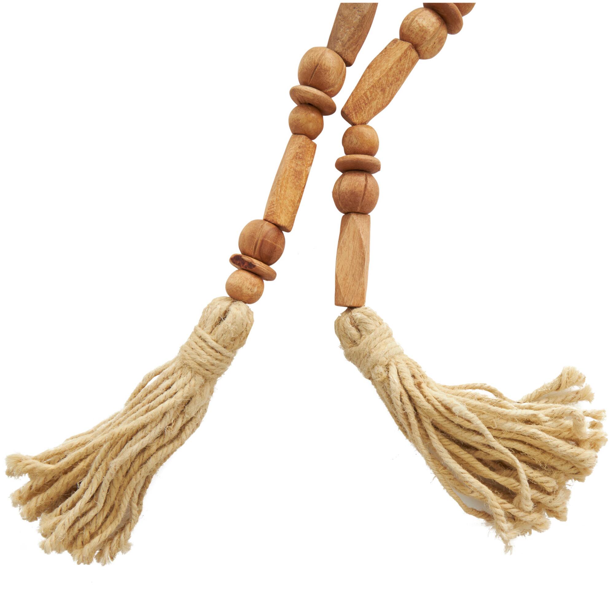 7ft. Brown Mango Wood Handmade Rectangle Carved Geometric Long Beaded Garland with Tassel
